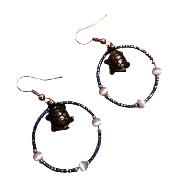 Bronze, Silver, and Turtle Hoop Earrings with Car Eye Bead Accents - Picture 1 of 3